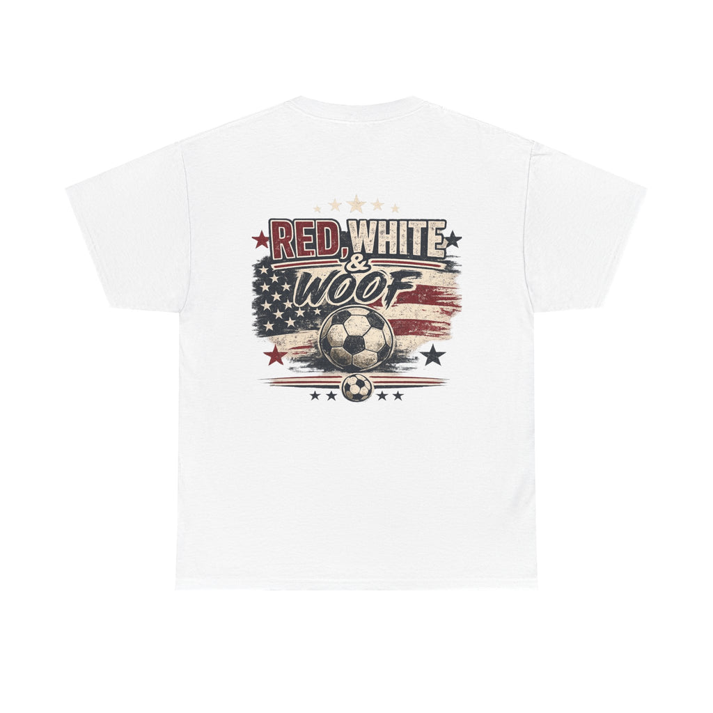 Red, White & Woof™ | Patriotic Golden Retriever Soccer Fan Tee