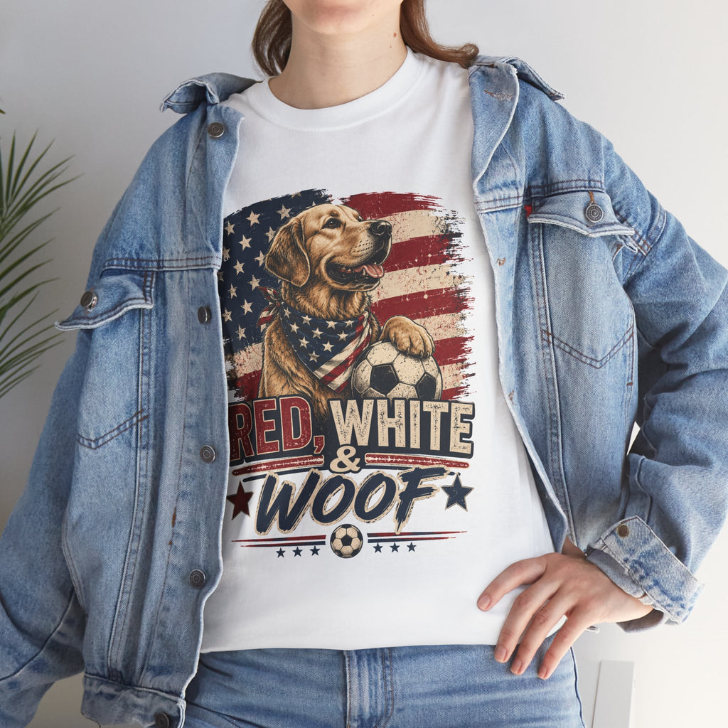 Red, White & Woof™ | Patriotic Golden Retriever Soccer Fan Tee