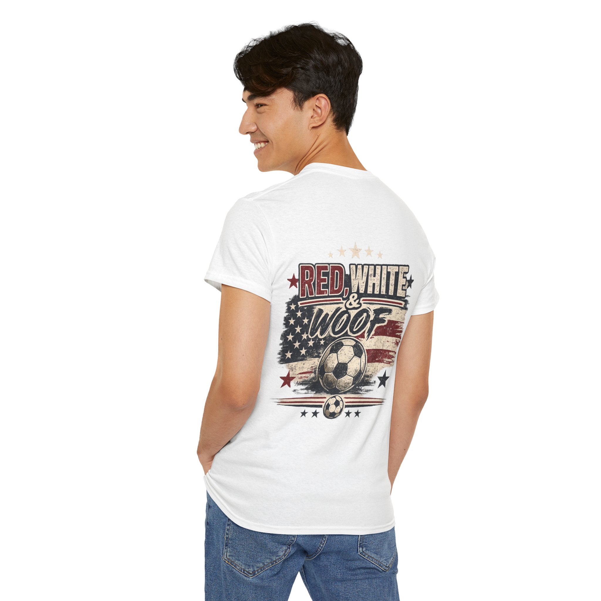 Red, White & Woof™ | Patriotic Golden Retriever Soccer Fan Tee