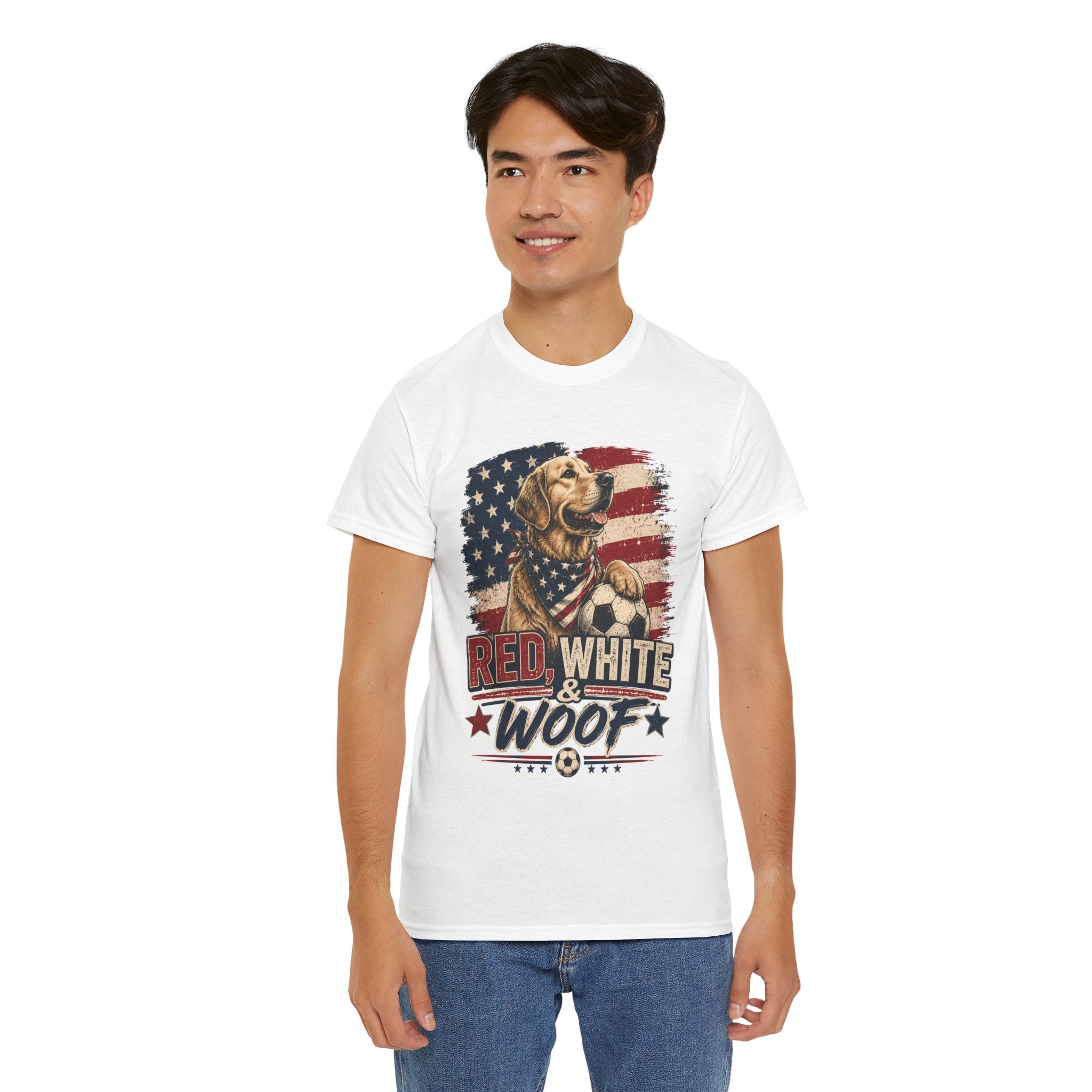Red, White & Woof™ | Patriotic Golden Retriever Soccer Fan Tee