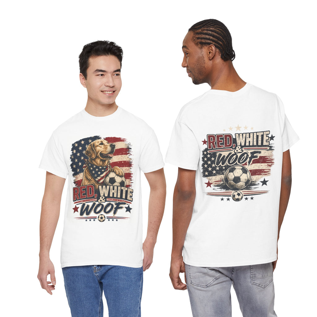 Red, White & Woof™ | Patriotic Golden Retriever Soccer Fan Tee